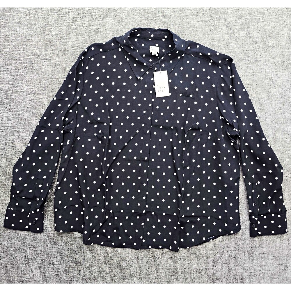 A New Day Women's 1X Polka Dot Button Front Blouse Collared Long Sleeve Rayon
